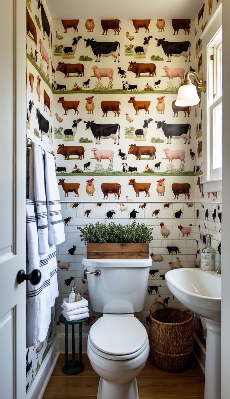 A charming farmhouse bathroom with a wallpaper featuring a motif of various farm animals such as cows, chickens, pigs, and sheep