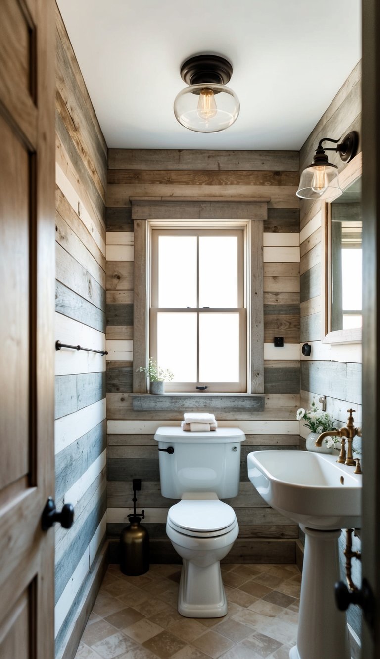A rustic farmhouse bathroom with weathered shiplap wallpaper, vintage fixtures, and natural light streaming through a small window