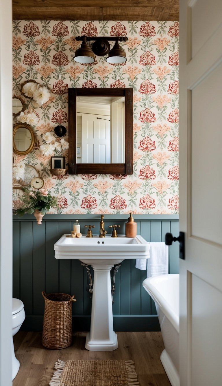 A farmhouse bathroom with floral damask wallpaper, vintage fixtures, and rustic accents