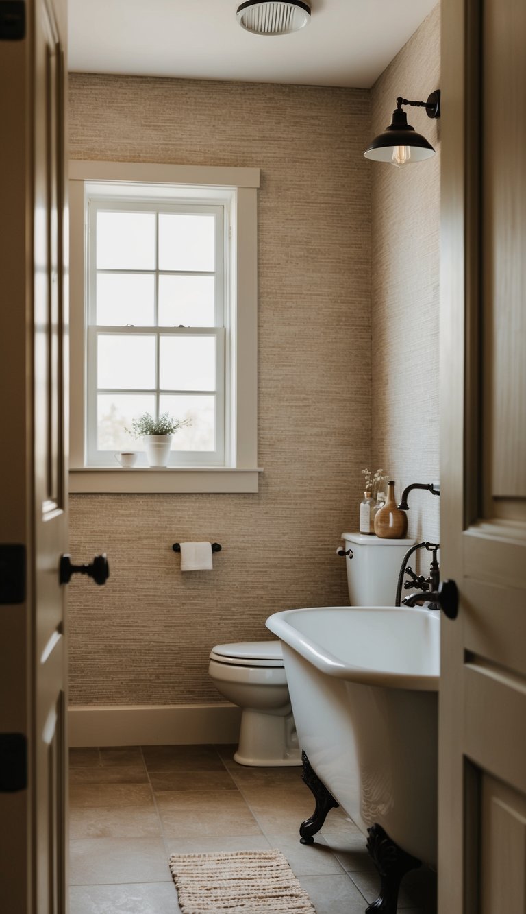 A rustic farmhouse bathroom with textured linen wallpaper, vintage fixtures, and natural light streaming in through a small window