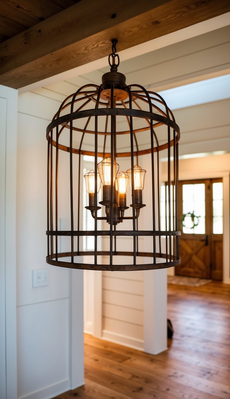A rustic metal cage lamp hangs above a modern farmhouse entryway, casting warm light on the wooden floors and welcoming visitors
