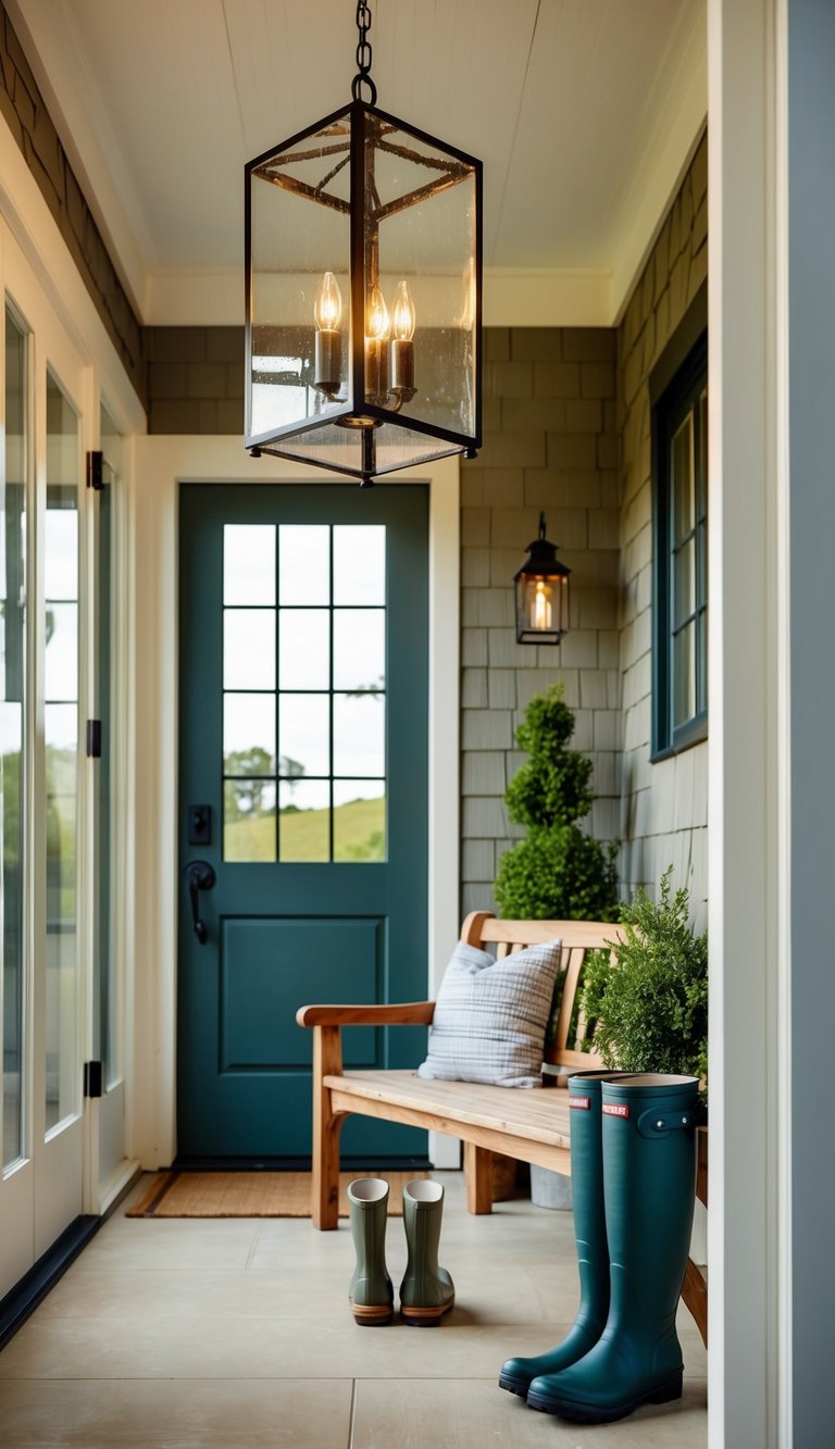 A glass lantern pendant illuminates a modern farmhouse entryway, casting warm light on a rustic wooden bench and a pair of rubber boots