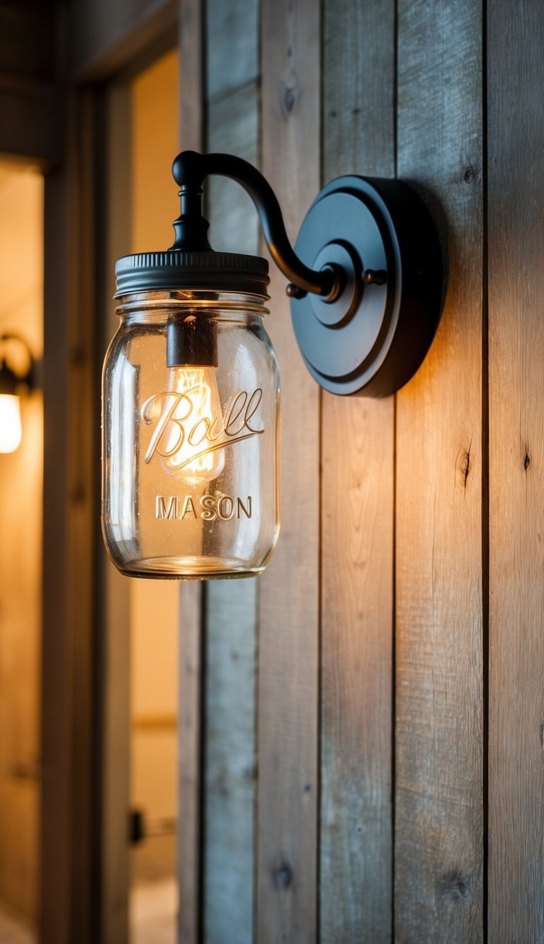 A mason jar sconce hangs on a weathered wood wall, casting a warm glow in a modern farmhouse entryway