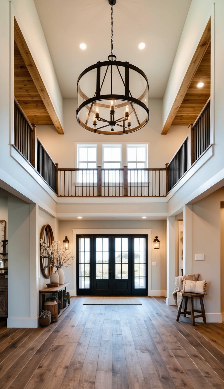 A spacious modern farmhouse entryway with a high ceiling and a large farmhouse drum chandelier hanging from the center, casting warm light over the rustic decor and wooden floors