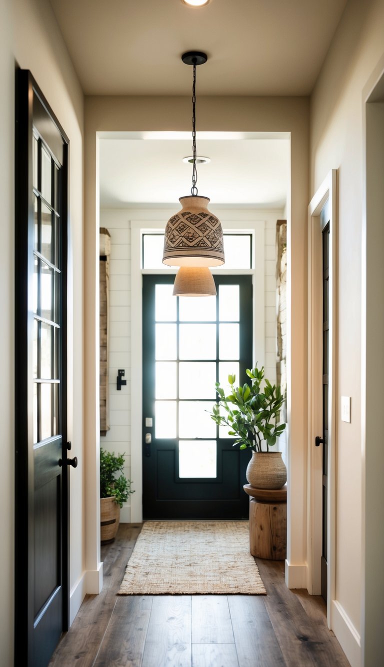 A modern farmhouse entryway with a ceramic pendant light hanging from the ceiling, casting a warm glow over the rustic decor