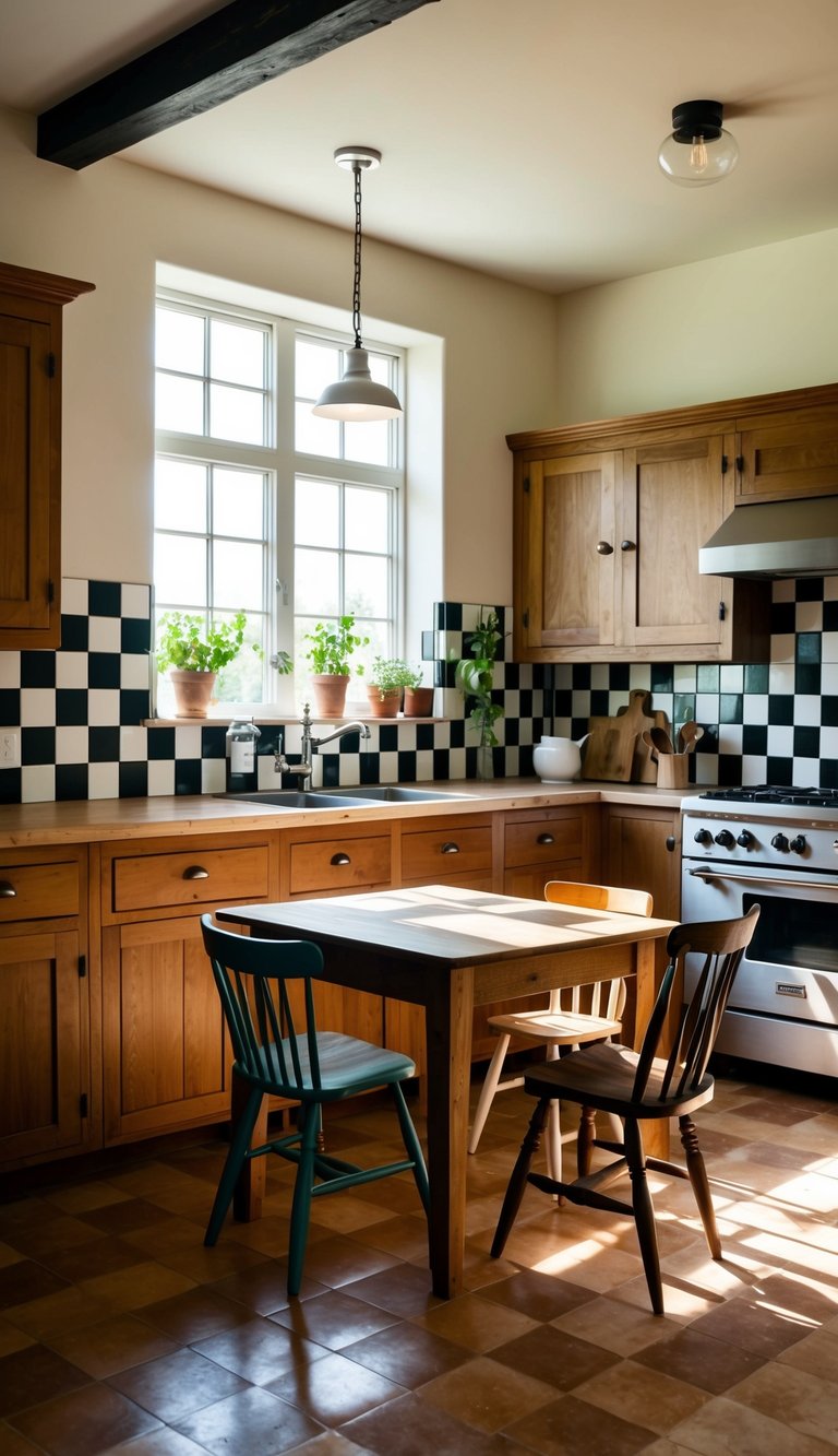 A farmhouse kitchen with checkerboard vinyl tiles, rustic cabinets, and a wooden table with mismatched chairs. Sunlight streams in through a large window, casting a warm glow over the space