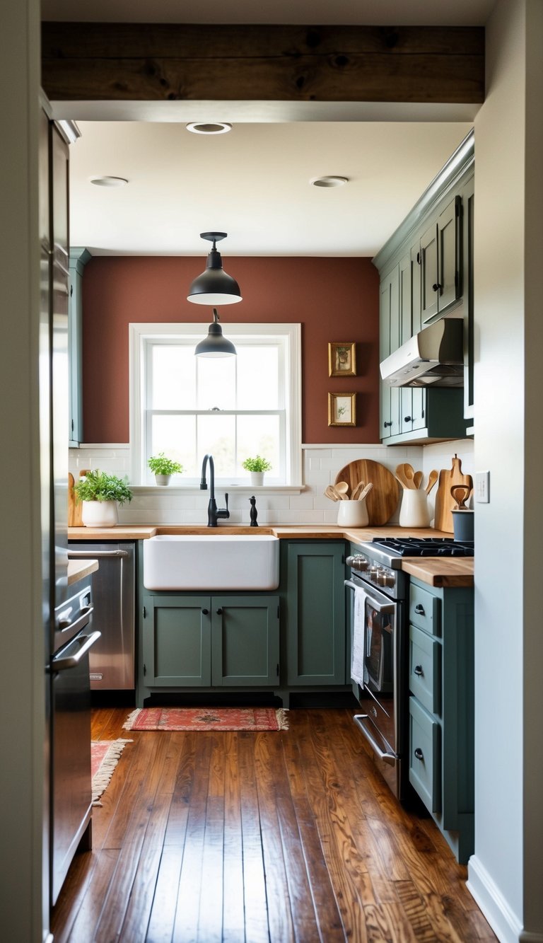 A cozy farmhouse kitchen with painted hardwood floors, featuring a rustic and charming design