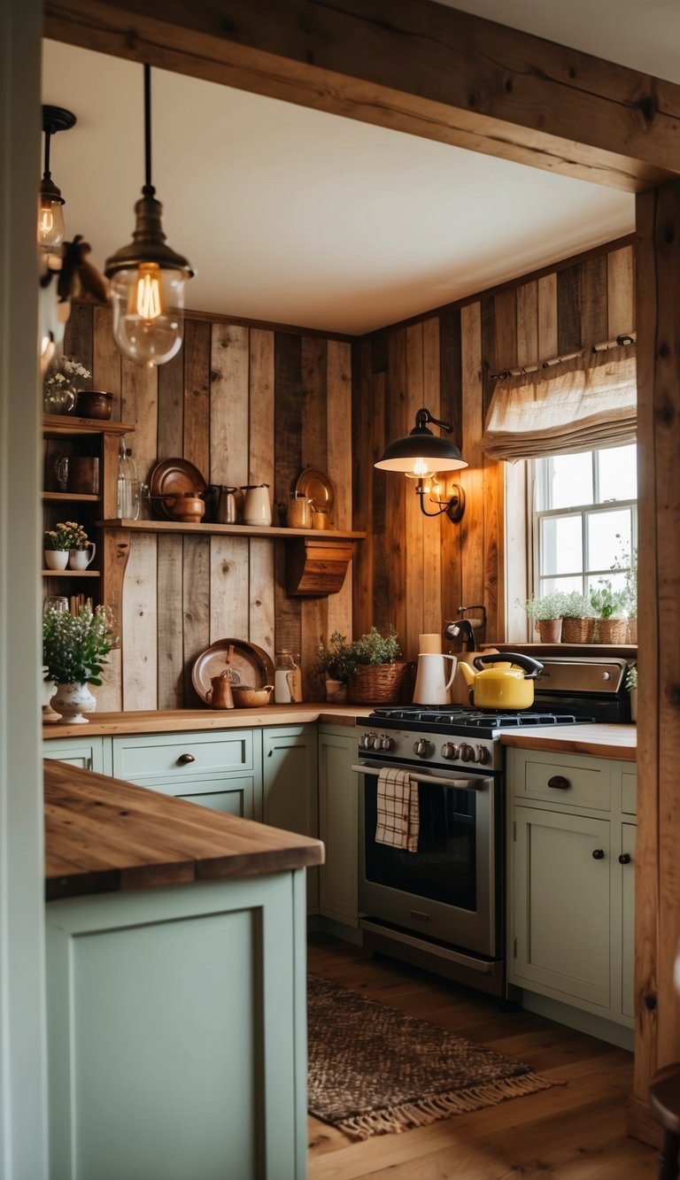 A cozy farmhouse kitchen with rustic wood panel wallpaper, warm lighting, and vintage decor
