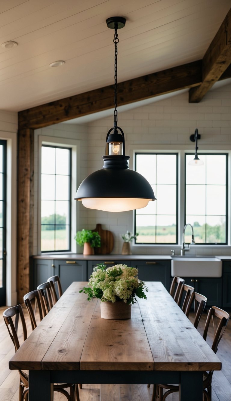A rustic farmhouse kitchen with a large, open space and a long wooden dining table illuminated by a Ballard Designs Eldridge Pendant light