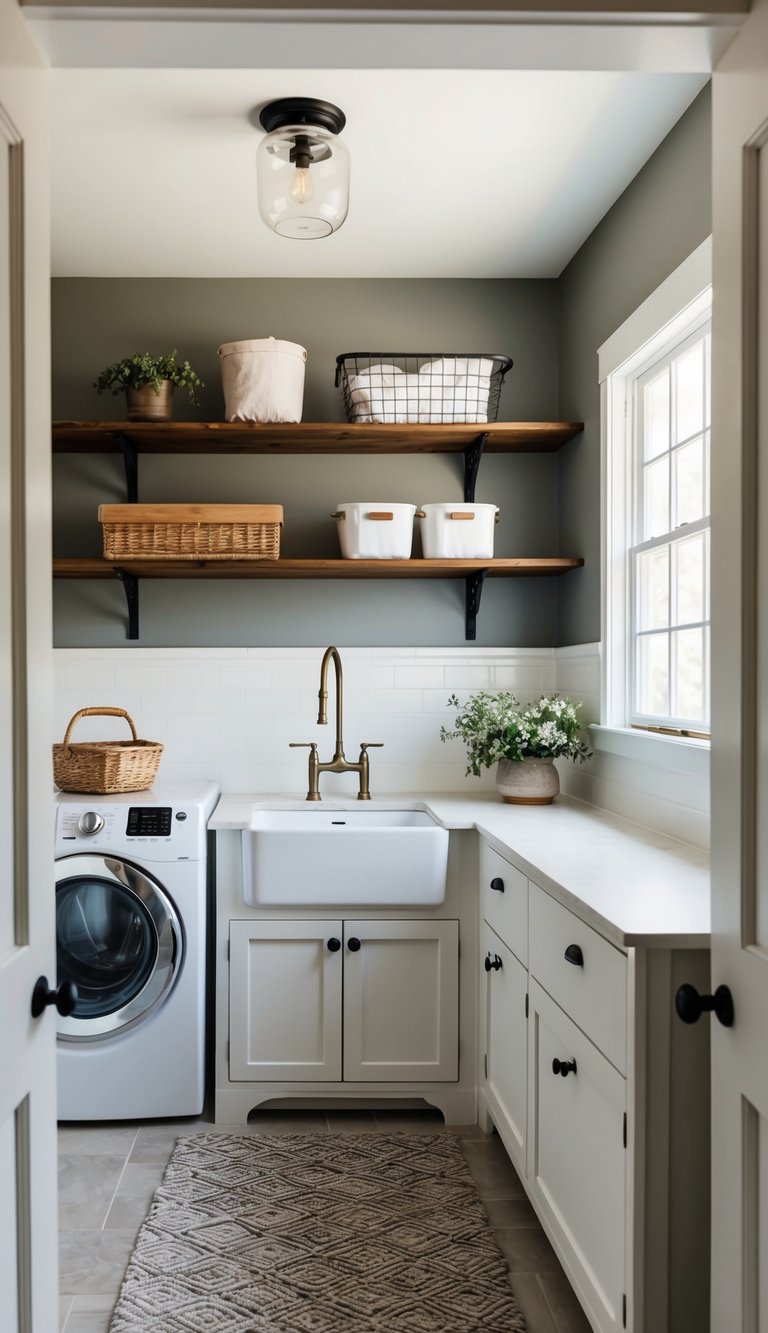 A cozy farmhouse laundry room with Sherwin-Williams Agreeable Gray walls, vintage wooden shelves, a white farmhouse sink, and a hanging drying rack