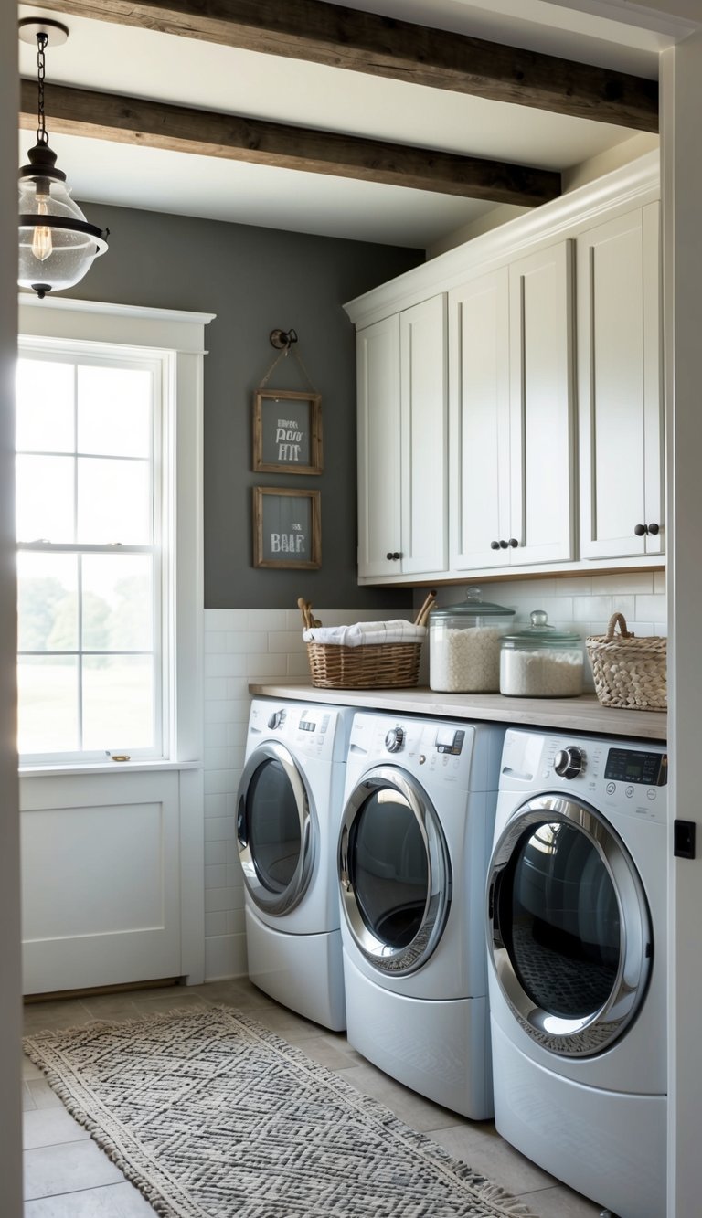 A rustic farmhouse laundry room with Benjamin Moore Revere Pewter walls, accented with white trim and vintage decor