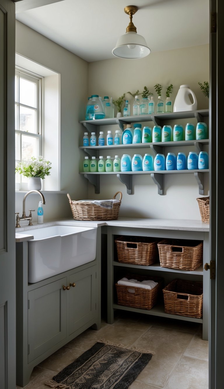 A cozy farmhouse laundry room painted in Farrow & Ball Skimming Stone 10, with a rustic washing sink and shelves lined with detergent and softener