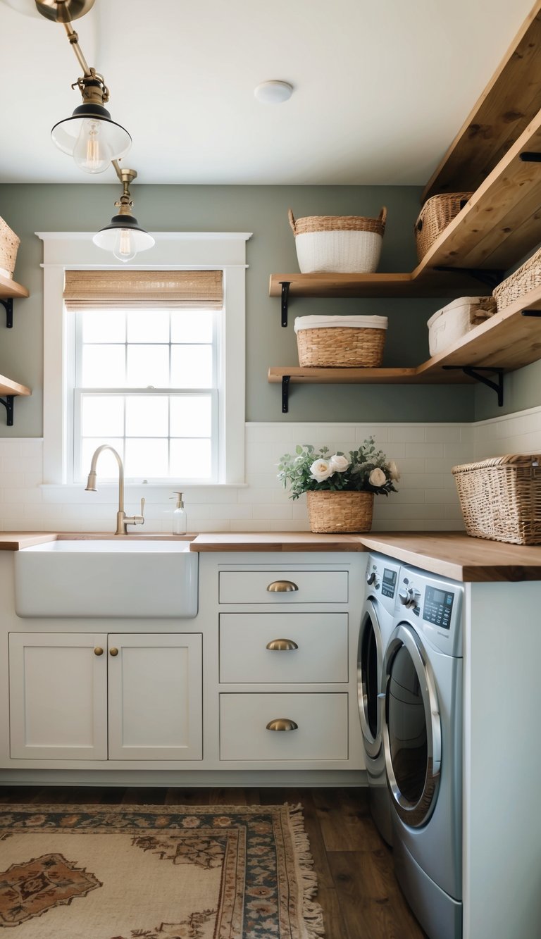 A cozy farmhouse laundry room with Dunn-Edwards Whisper 10 paint colors, natural wood shelving, a farmhouse sink, and a vintage-inspired rug