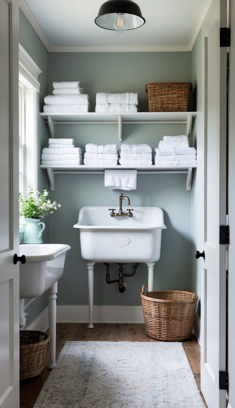 A serene farmhouse laundry room painted in Valspar Silver Leaf 10, with a vintage washtub sink and open shelving filled with neatly folded linens