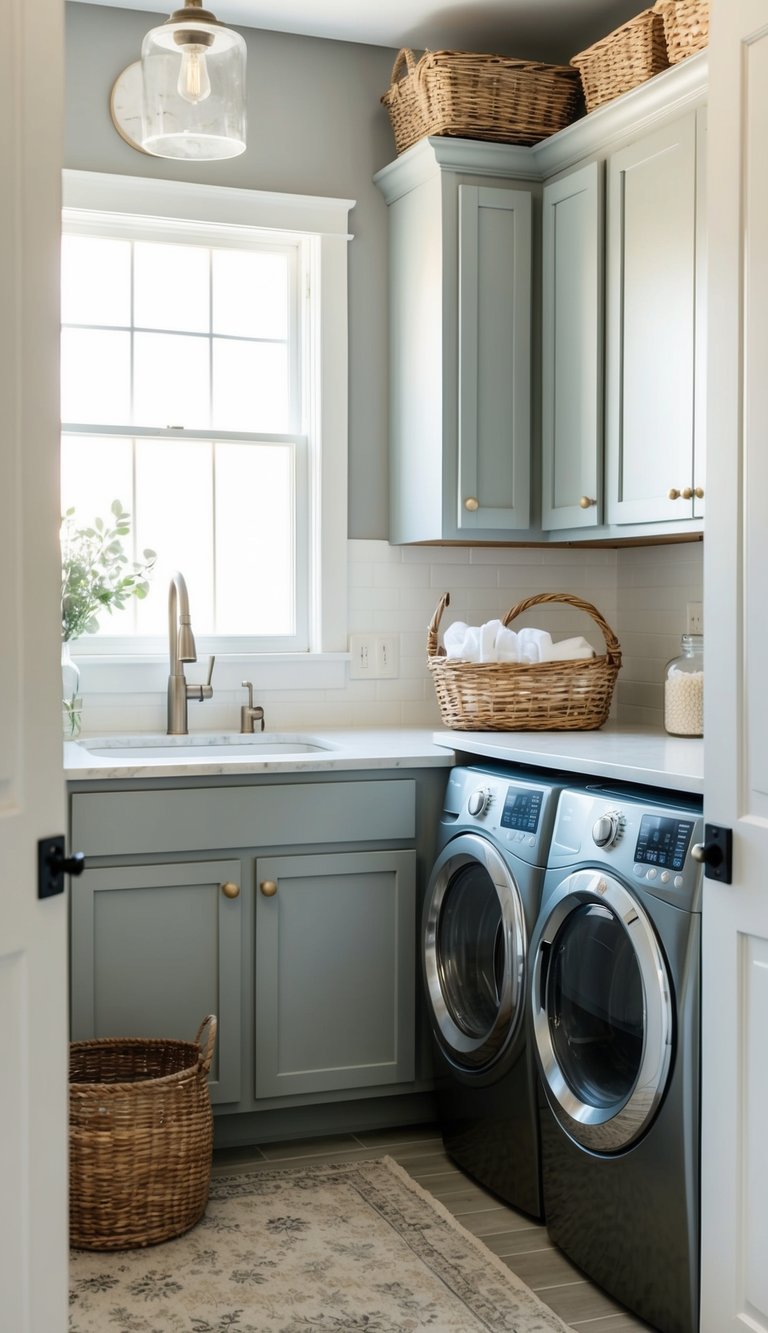 A farmhouse laundry room painted in PPG Timeless Gray 10, with rustic decor and natural light streaming in through a window