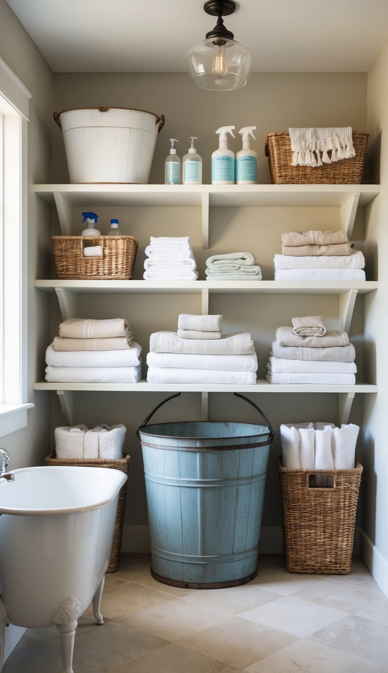 A cozy farmhouse laundry room with soft, neutral colors, a vintage washtub, and shelves filled with neatly folded linens and cleaning supplies