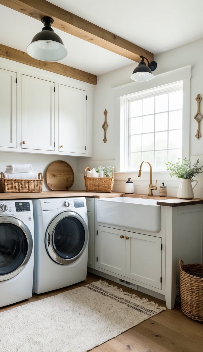 A bright, airy farmhouse laundry room with walls painted in Benjamin Moore Simply White 10, accented with natural wood and vintage decor