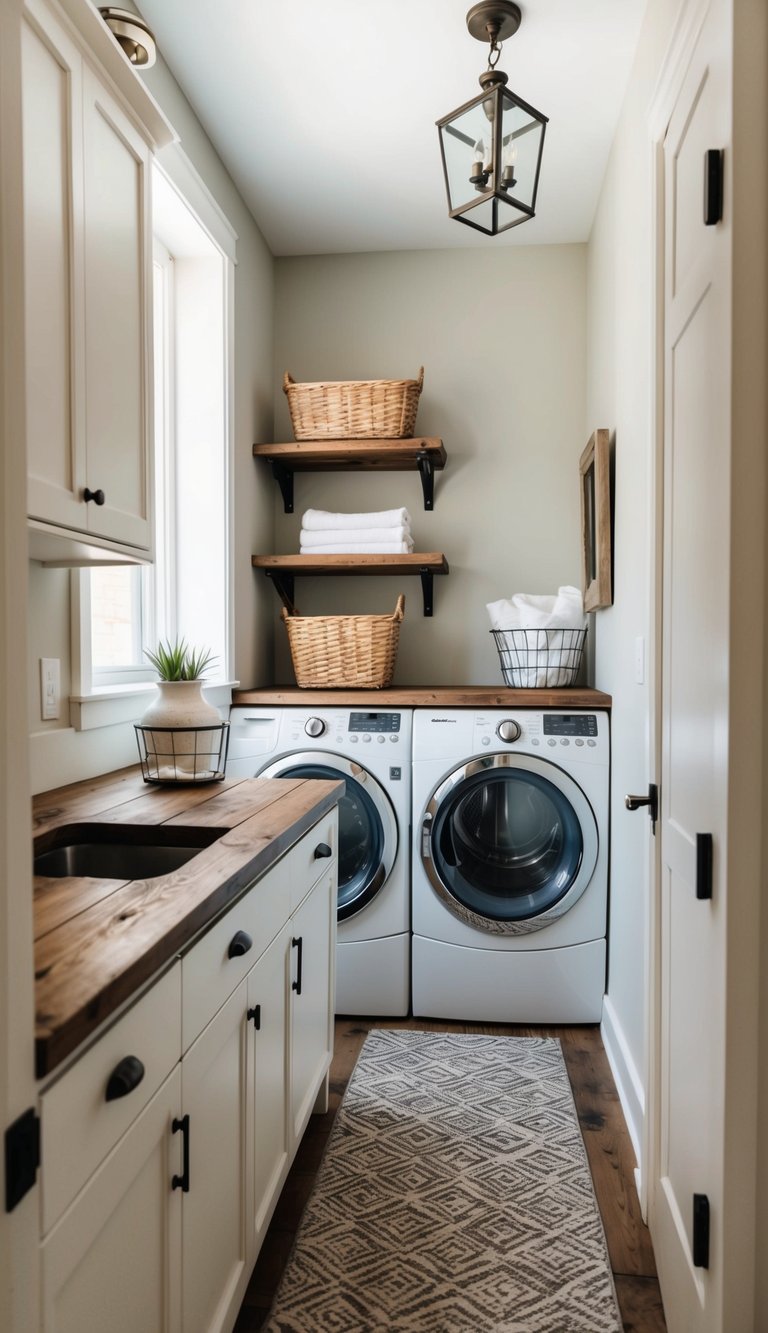 A narrow laundry room with reclaimed wood countertops in a farmhouse style setting