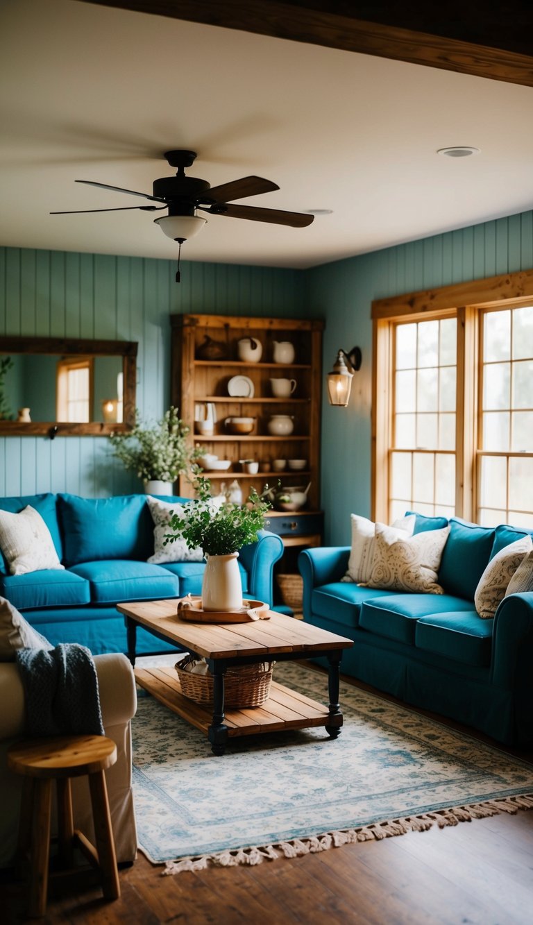 A cozy farmhouse living room with blue-green walls, filled with rustic furniture and warm natural light
