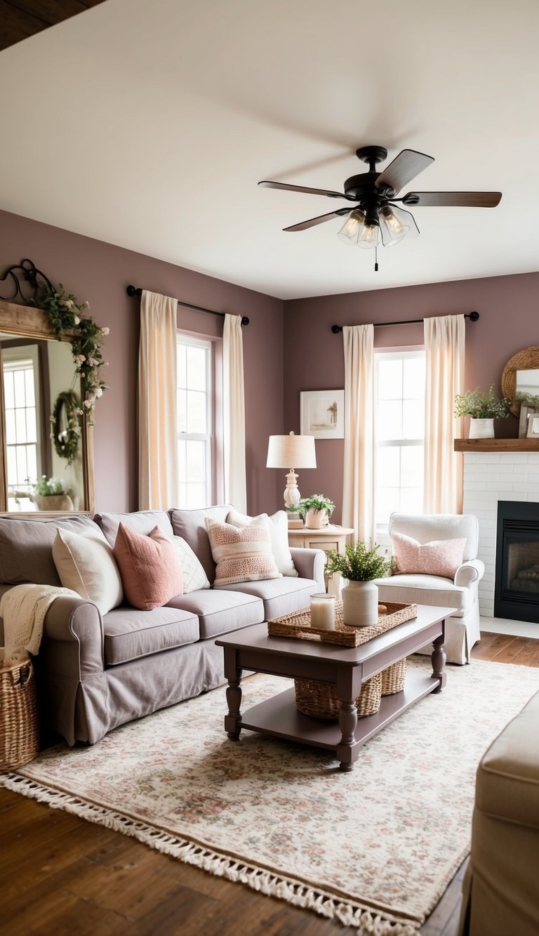 A cozy farmhouse living room painted in Mauve by Behr, with warm lighting and rustic decor