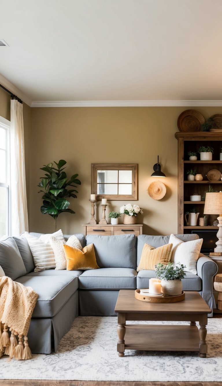 A cozy farmhouse living room painted in Matte Gold by Valspar, with warm lighting and rustic decor