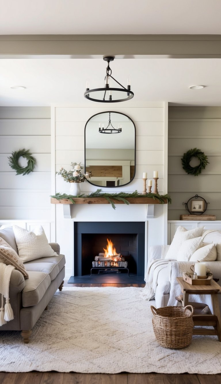 A cozy farmhouse living room with Snowbound by Sherwin Williams paint on the walls. A crackling fireplace warms the space, while rustic furniture and soft textiles complete the inviting atmosphere