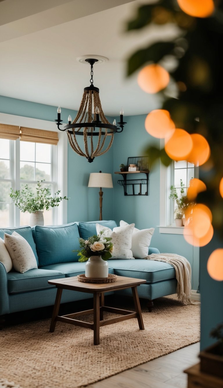 A cozy farmhouse living room with soft blue walls and warm natural lighting
