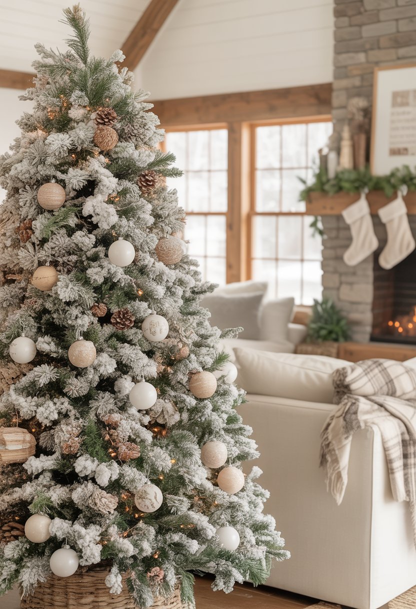 A frosted artificial Christmas tree decorated with white and wooden ornaments in a cozy living room with a stone fireplace and wooden beams.