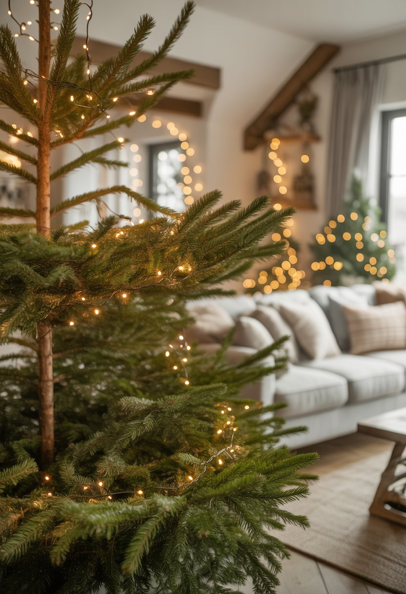 A Christmas tree wrapped in warm white fairy lights glowing softly in a cozy living room.