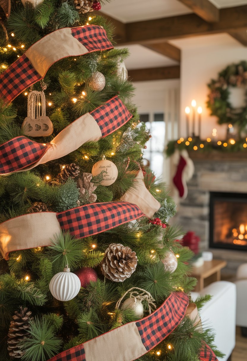 A decorated Christmas tree with buffalo plaid ribbons in a cozy living room with a fireplace.
