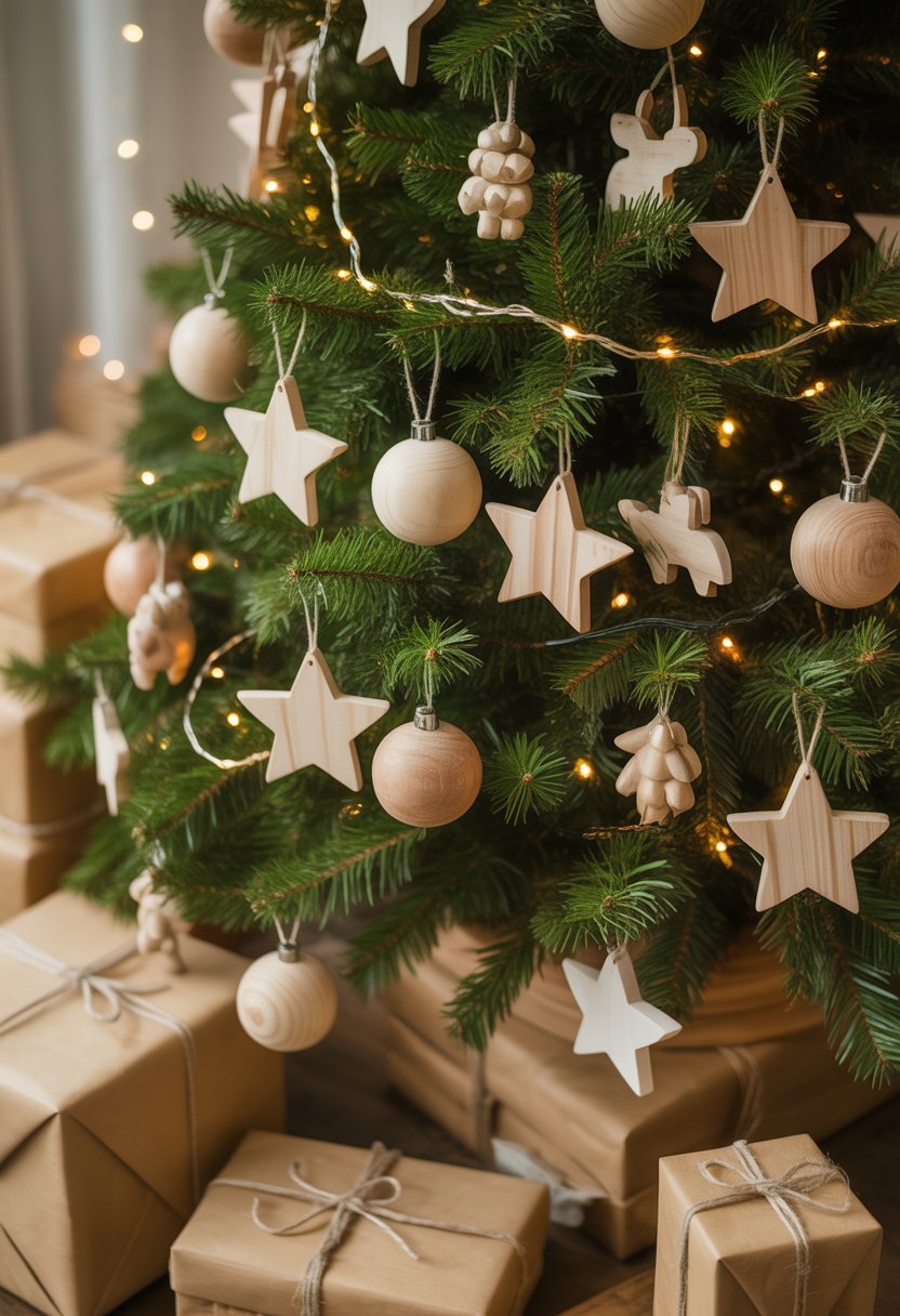 A decorated Christmas tree with natural wood ornaments and warm white lights, surrounded by wrapped gifts.
