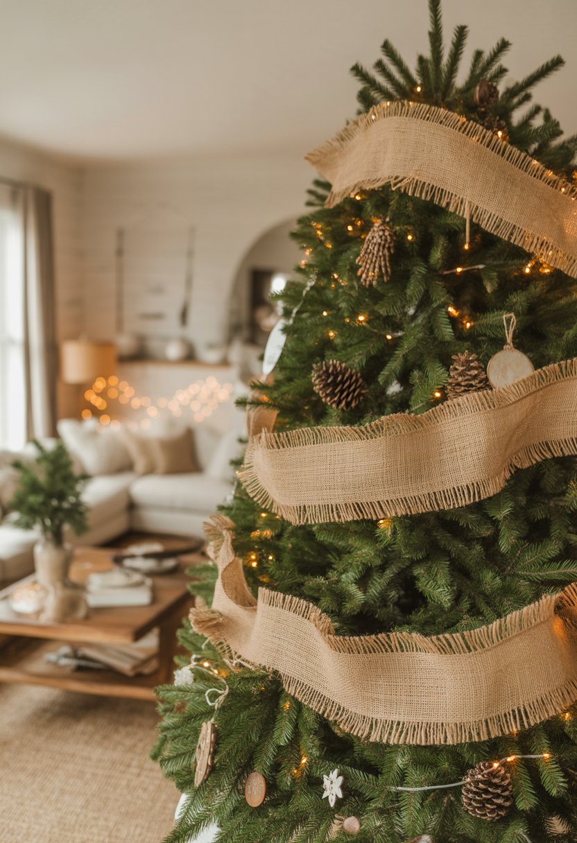 A decorated Christmas tree with burlap garlands and natural ornaments in a cozy living room.