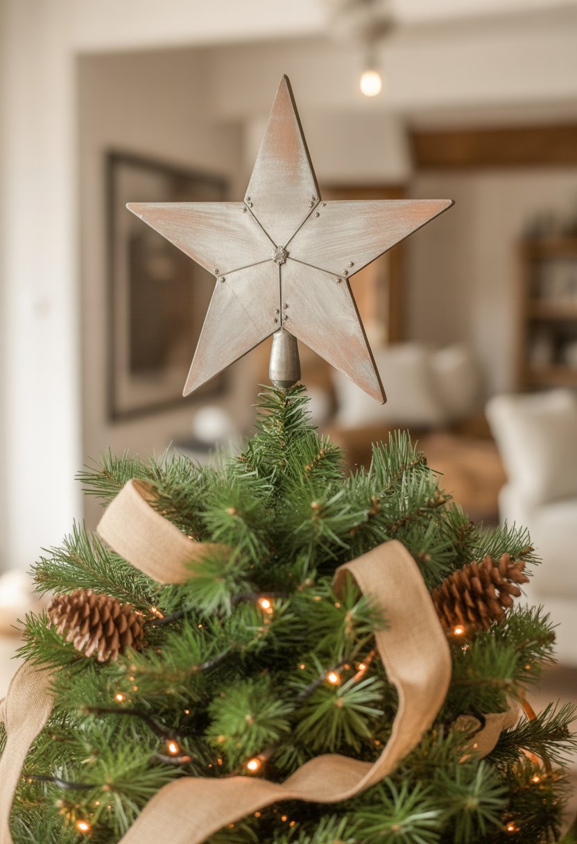 A decorated Christmas tree topped with a simple wooden or metal star in a cozy living room.