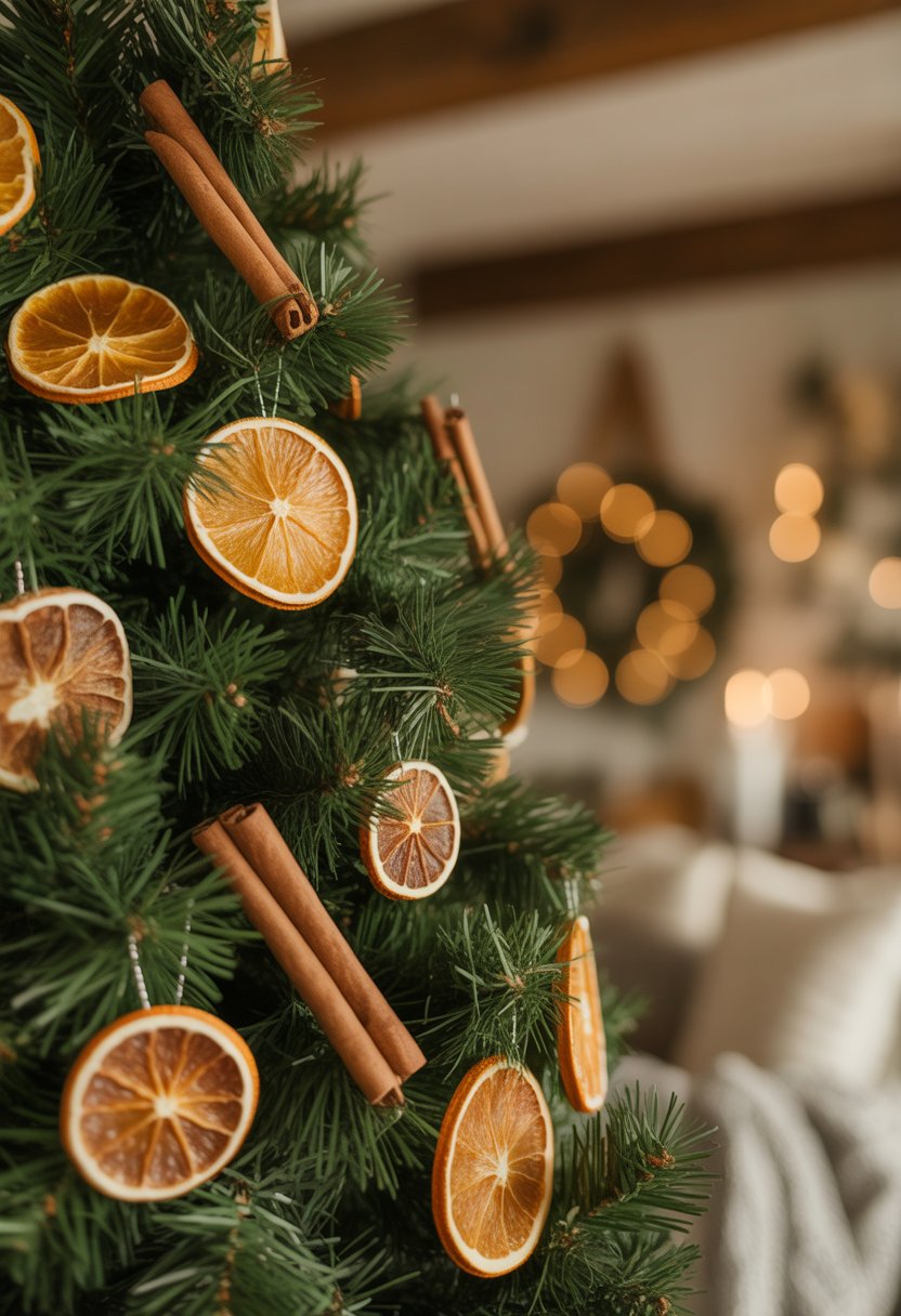 A Christmas tree decorated with dried orange slices and cinnamon sticks in a cozy room.