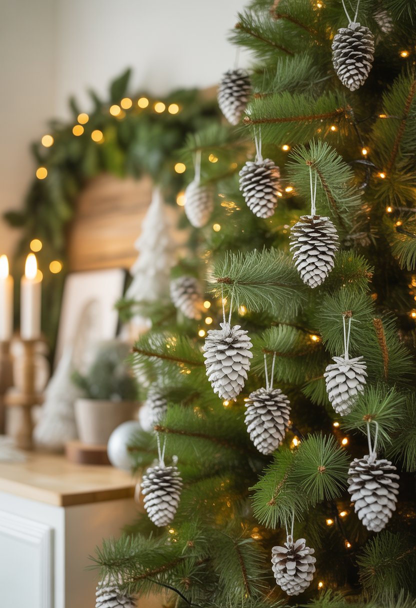 A decorated Christmas tree with white spray-painted mini pinecone ornaments and soft glowing lights.