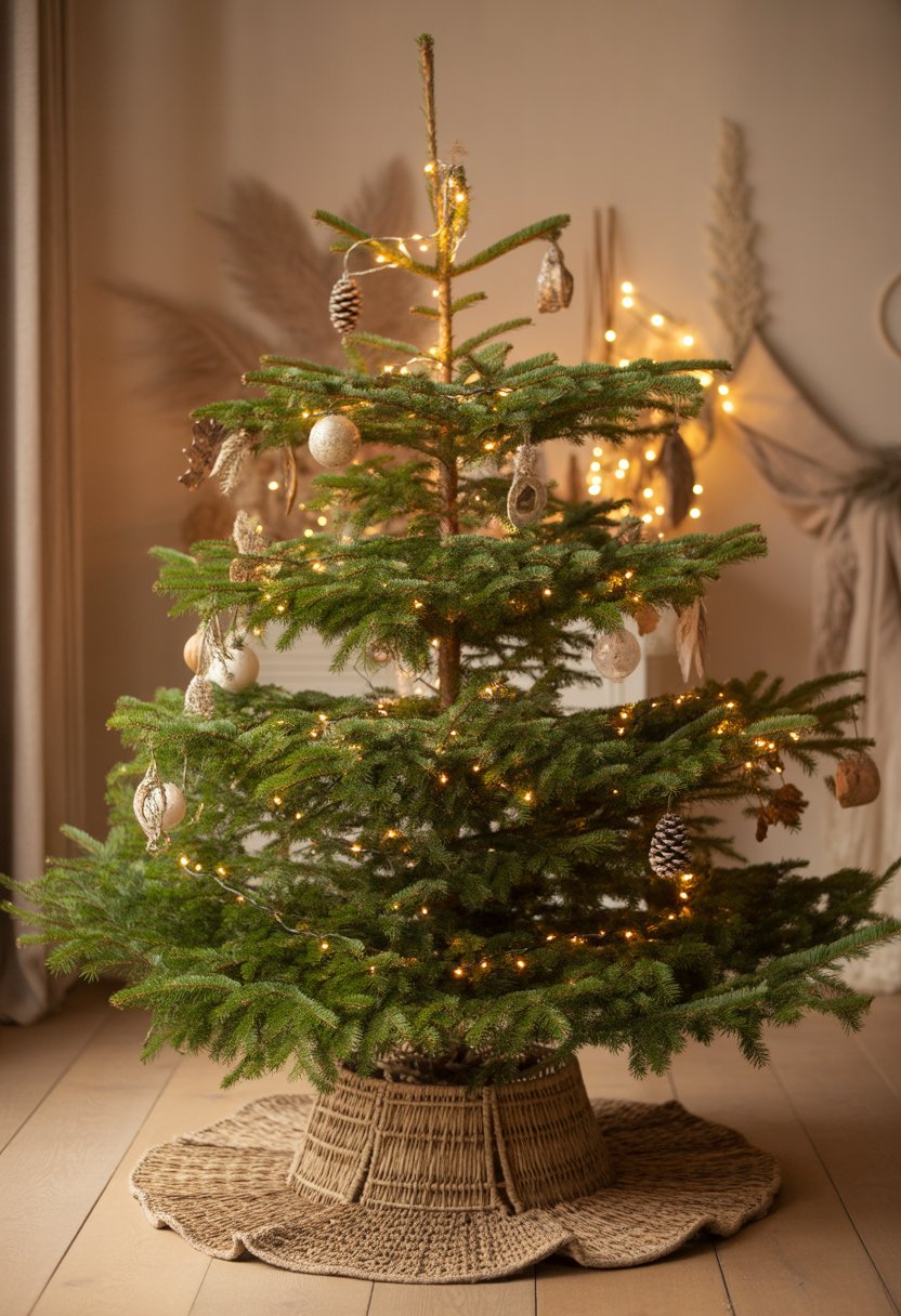 A decorated Christmas tree with warm lights standing on a wooden floor with a woven tree skirt underneath.