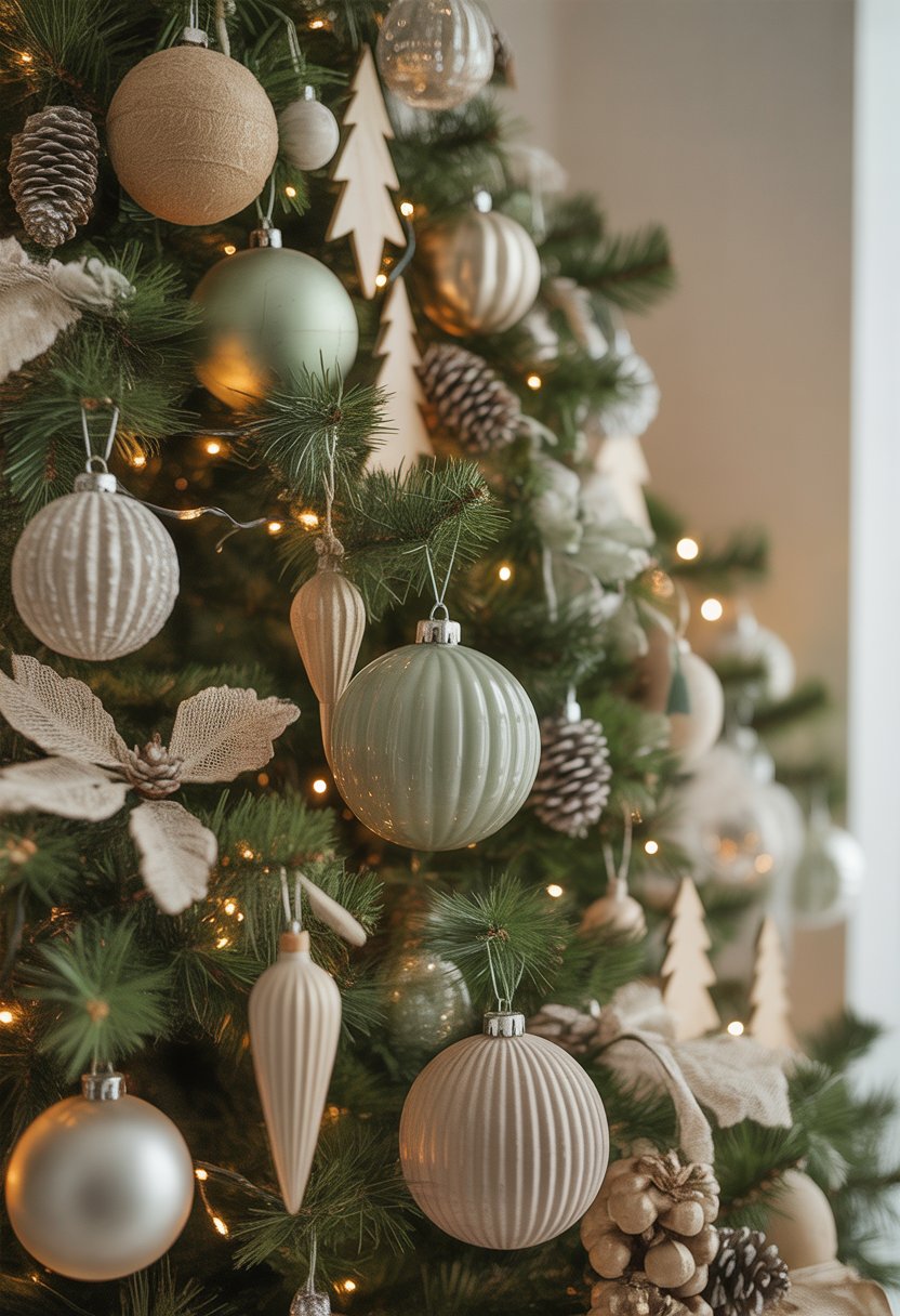A decorated Christmas tree with glass baubles in muted green and cream colors, pinecones, wooden ornaments, and white lights.