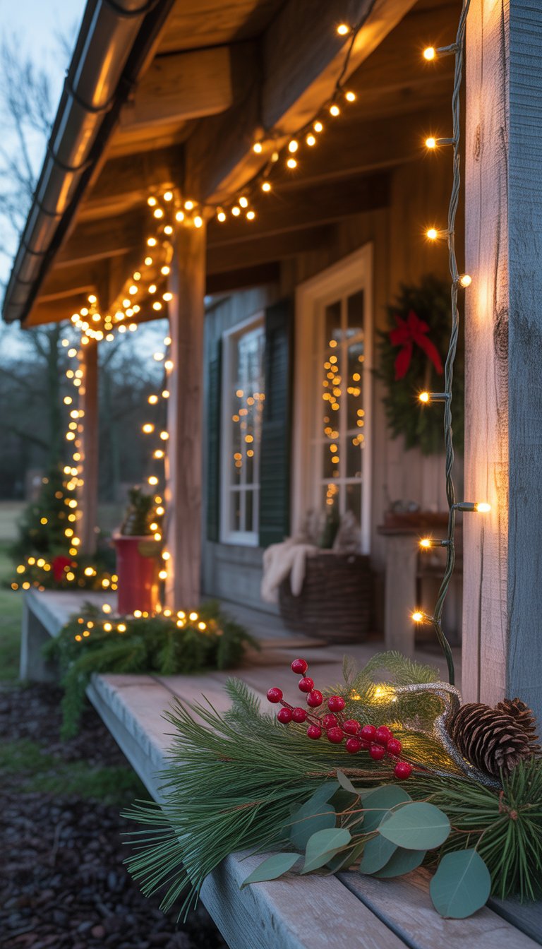 A farmhouse porch at dusk with wooden beams wrapped in warm white fairy lights and decorated with pine garlands and holiday accents.