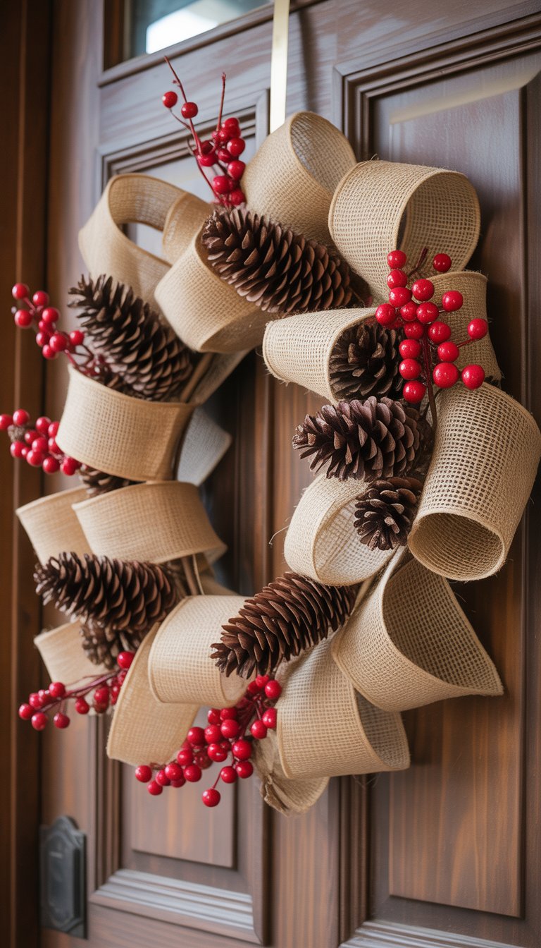 A burlap ribbon wreath decorated with pine cones and red berries hanging on a wooden door of a farmhouse porch.