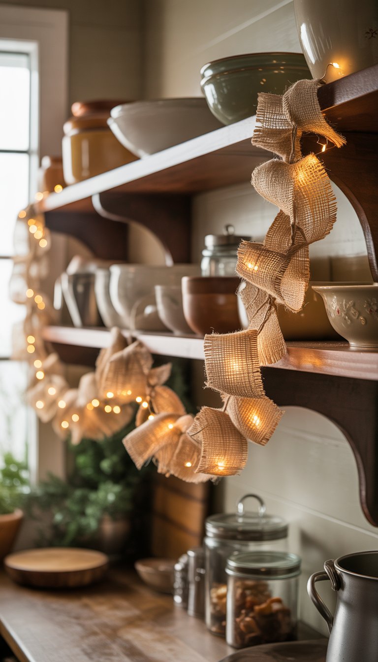 Kitchen shelves decorated with burlap garlands and rustic kitchenware in a warm, inviting setting.