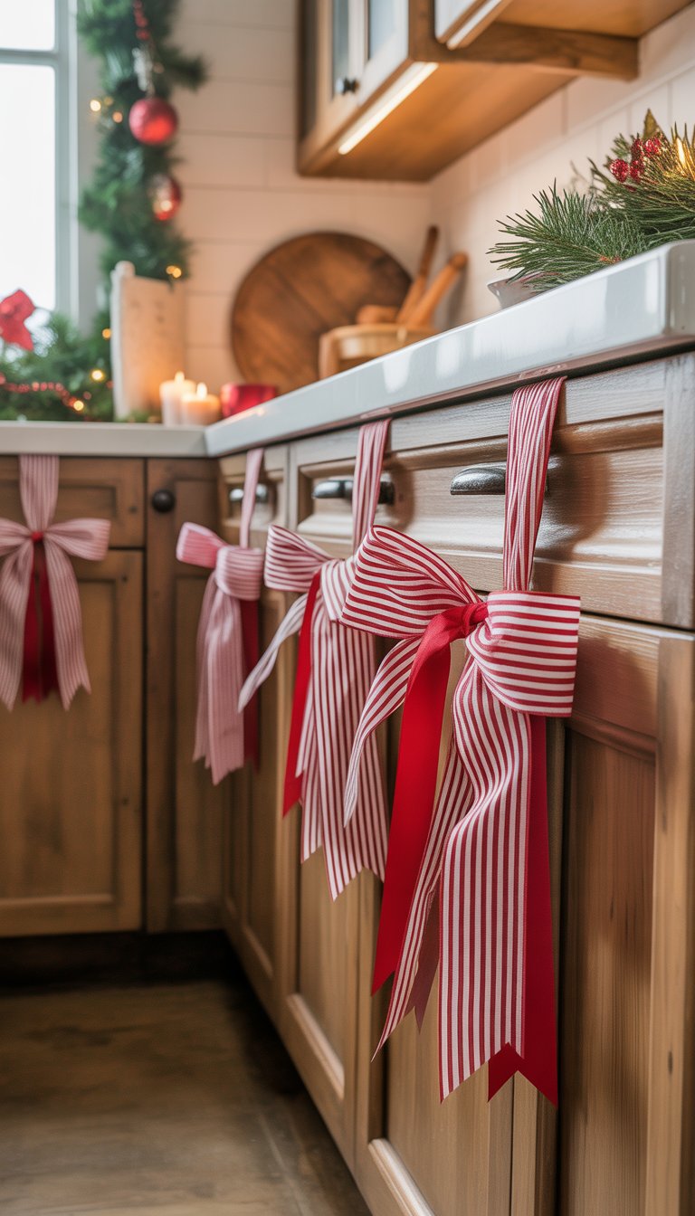 Red and white ribbon bows tied on wooden cabinet handles in a kitchen decorated for Christmas.