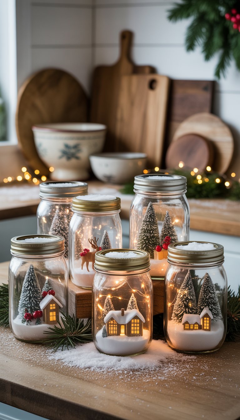 Mason jars filled with miniature holiday scenes arranged on a rustic kitchen countertop with festive decorations.