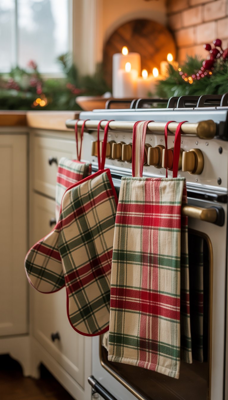 Plaid dish towels and oven mitts hanging in a kitchen decorated for Christmas with pine garlands and candles.