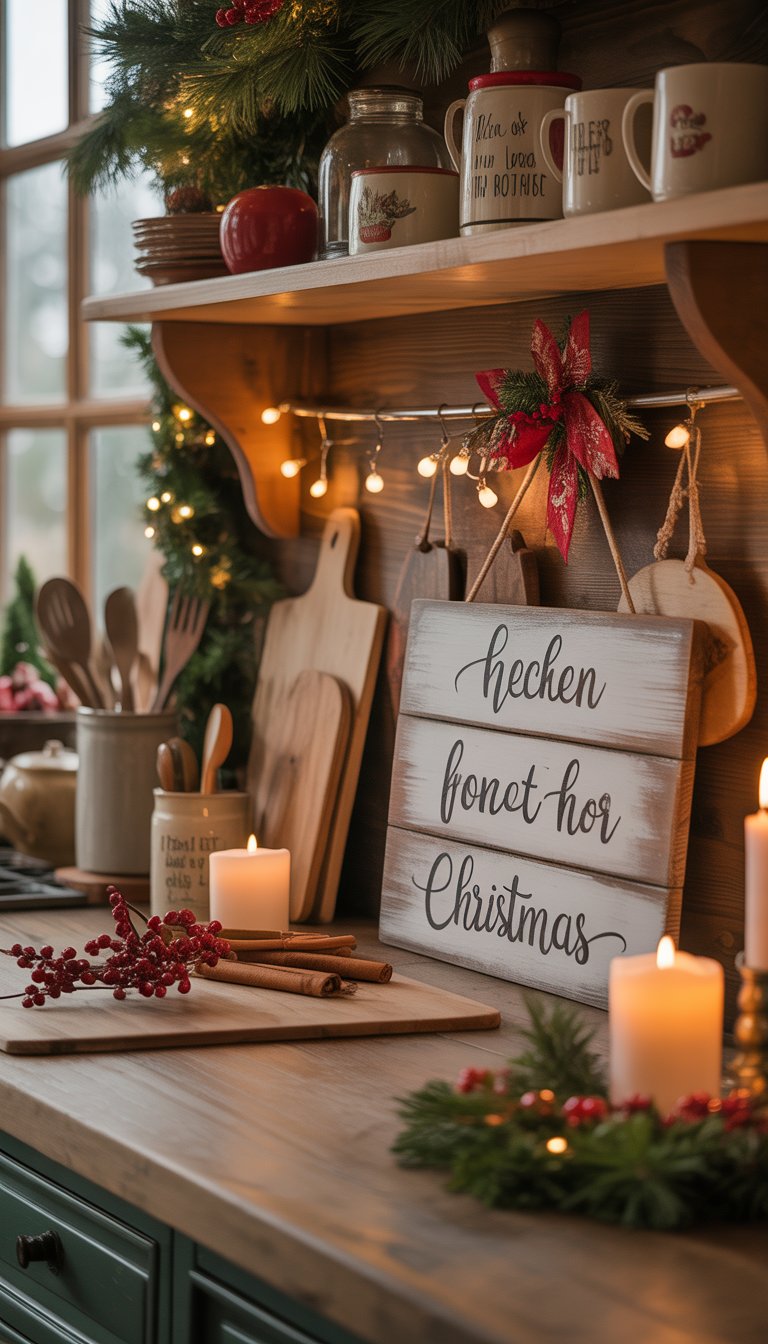 A cozy farmhouse kitchen decorated for Christmas with rustic wooden signs and festive holiday decorations.
