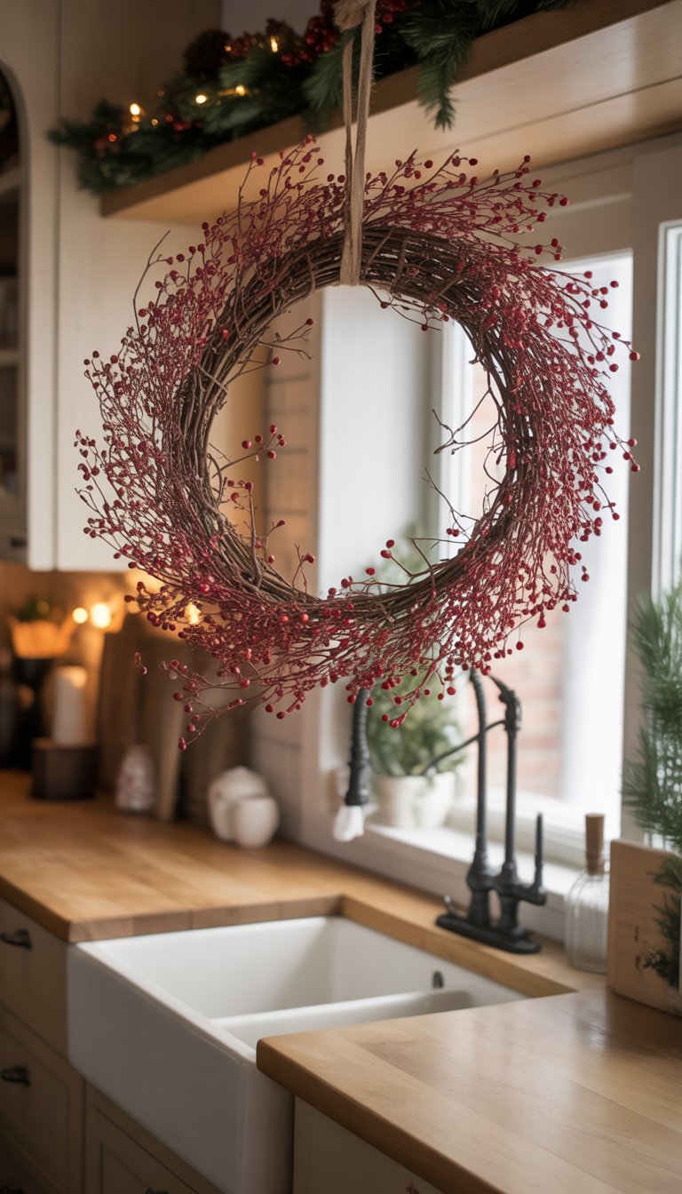 Rustic wreath made of twigs and dried berries hanging above a kitchen sink in a farmhouse kitchen decorated for Christmas.