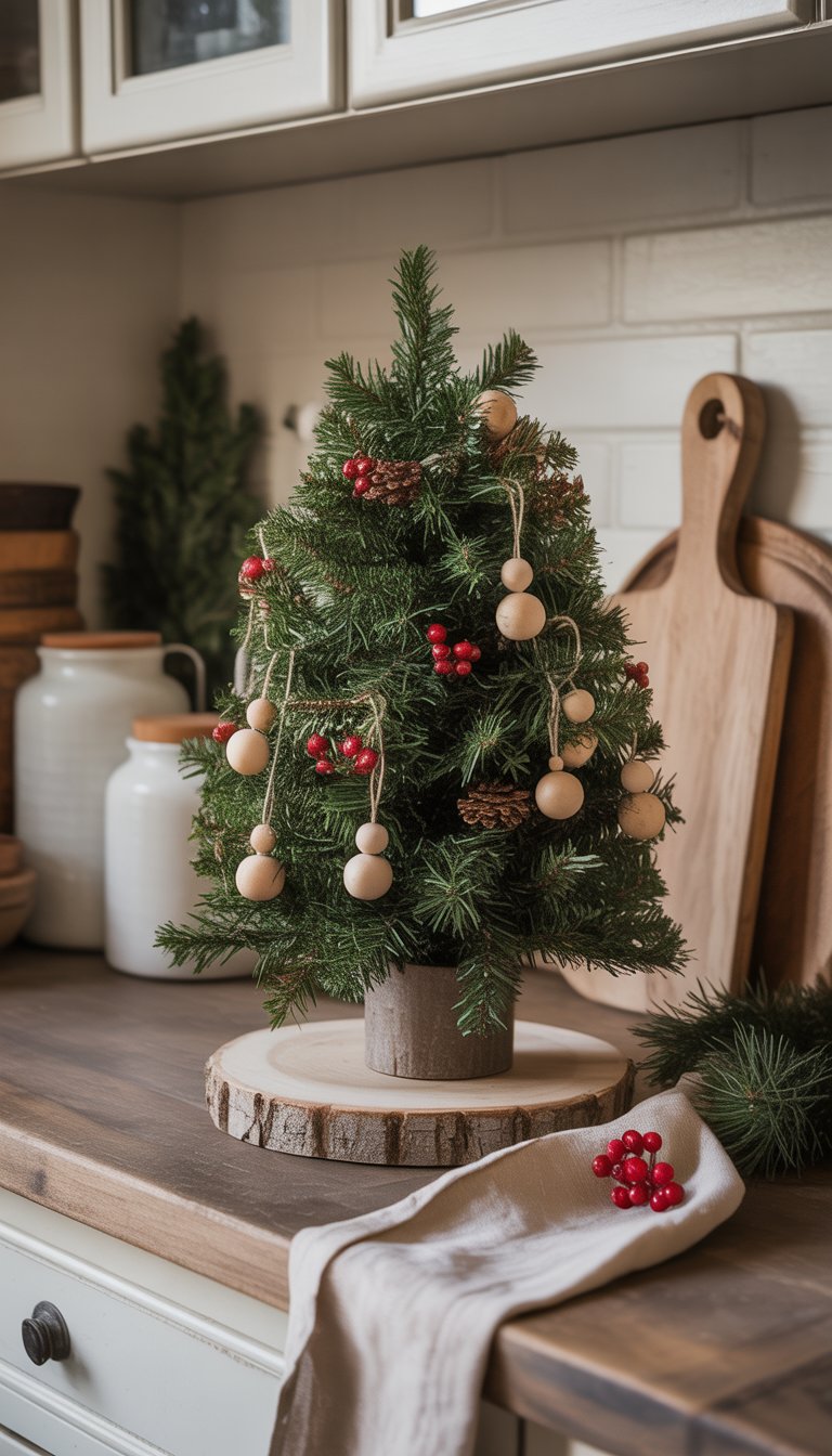 A small decorated Christmas tree on a kitchen countertop surrounded by jars and wooden kitchen items.
