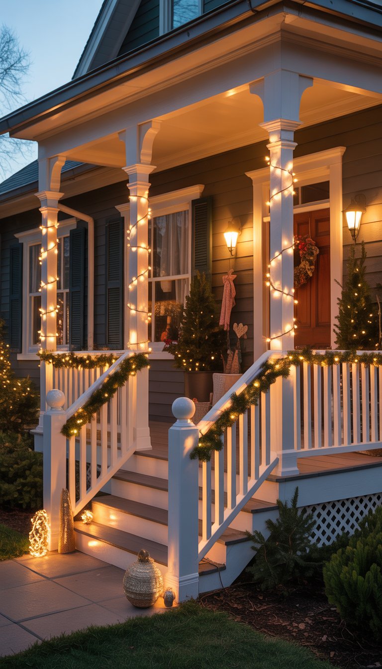 Front porch decorated with warm white fairy lights wrapped around railings and columns, creating a cozy festive atmosphere.