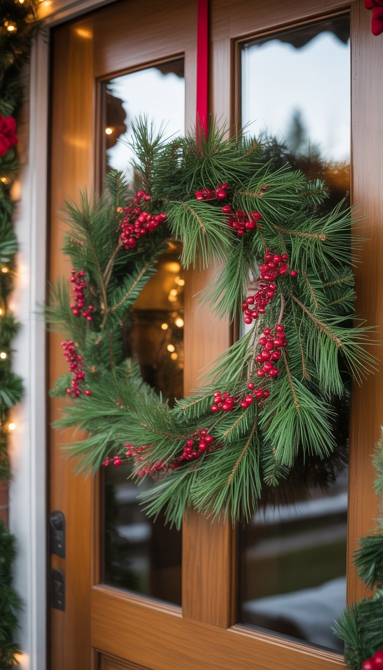 A classic pine and berry Christmas wreath hanging on a wooden front door of a decorated front porch.