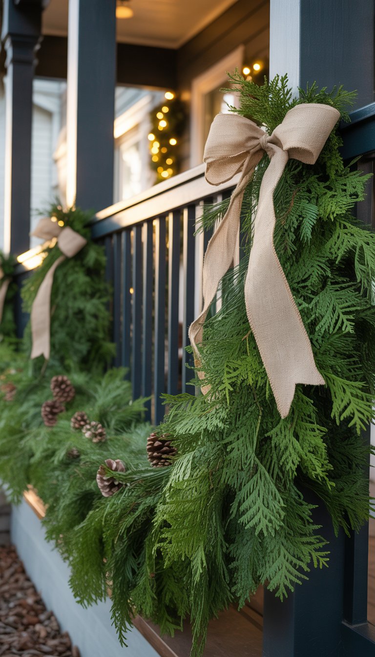 Front porch railing decorated with evergreen garlands, burlap ribbons, and pine cones for Christmas.