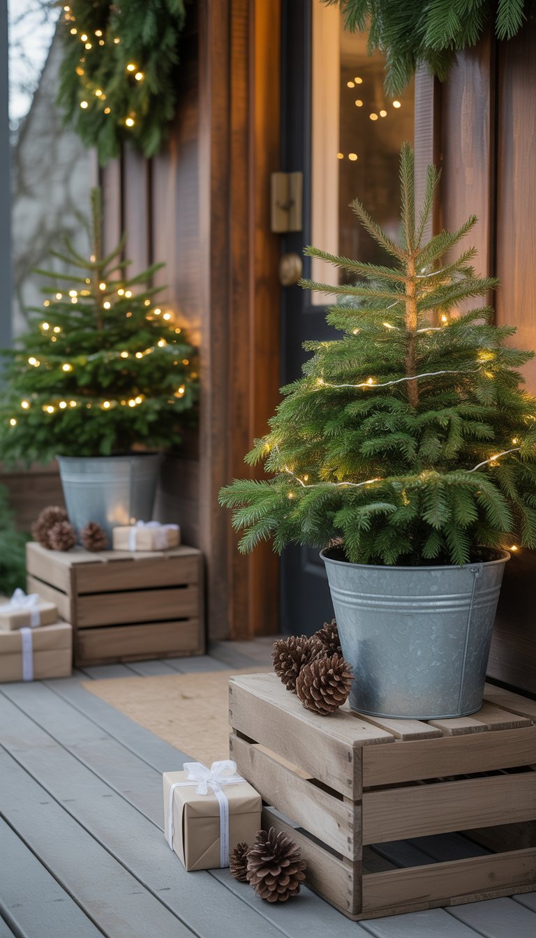Front porch with potted mini Christmas trees in wooden crates and metal buckets on each side of the entrance, decorated for Christmas.